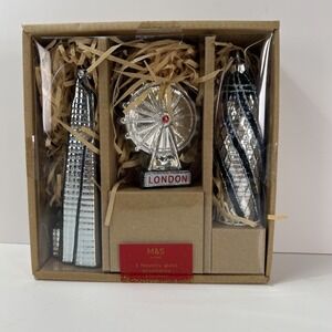 Marks and Spencer M&S Set 3 London Glass Ornaments Shard, Gherkin & London Eye